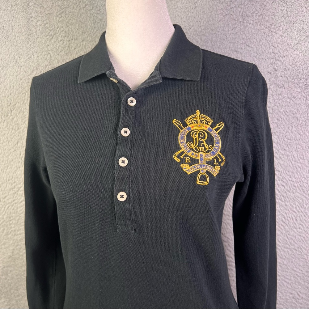 Ralph Lauren Sport Polo Dress Womens Small Black Gold Crest Long Sleeve Preppy - Picture 2 of 8